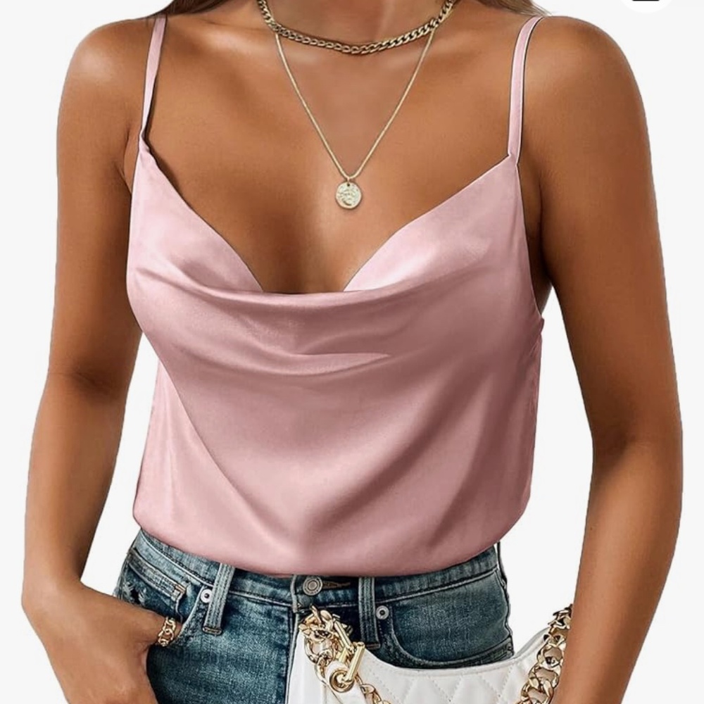 Pink Draped-Neck Satin Camisole Top